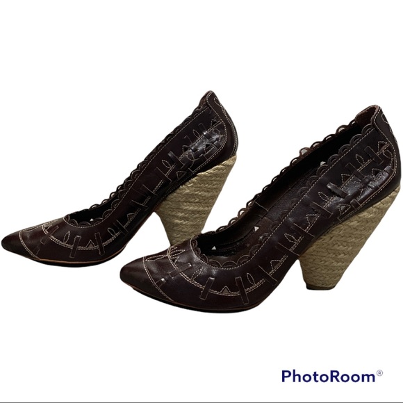 Cindy Says Heels Leather Jute Embroidered Woven Leather Scalloped Trim Size 9B - Picture 1 of 7